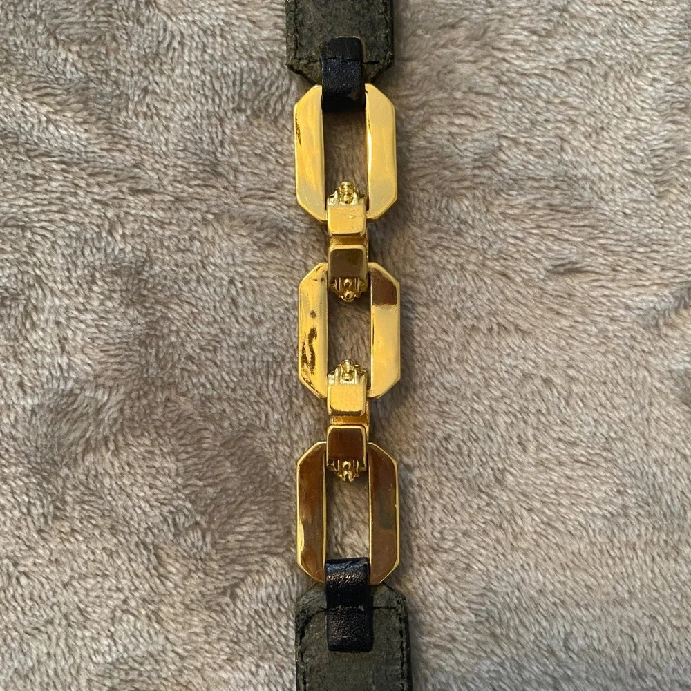 Talbots Belt Sz Large Black Leather Gold Chain Link Skinny Preppy Equestrian